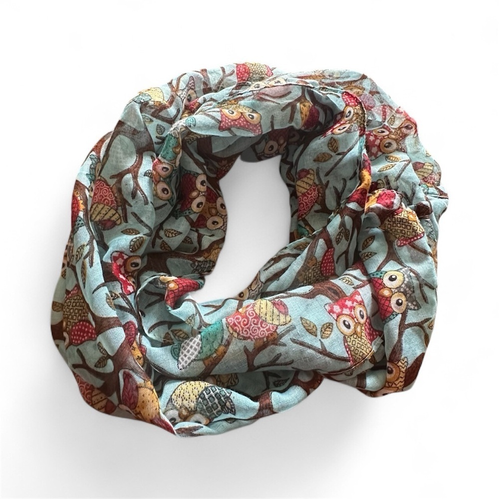 Vivian & Vincent Owl Scarf Infinity Teal & Brown Whimsical Viscose 70” X 20”